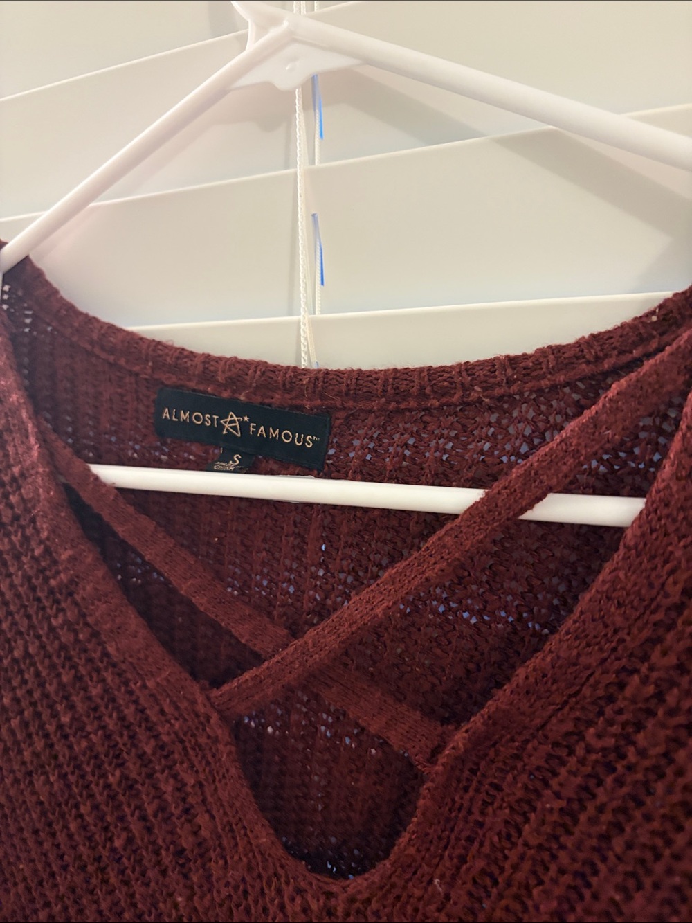 Almost Famous Women's Wine Red V-Neck Crisscross Knit Sweater - Picture 2 of 2